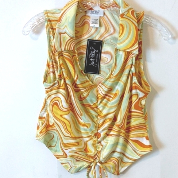 JUST POLLY JUNIORS RETRO SWIRL V-NECK SLEEVELESS RUCHED FRONT TOP SIZE XL NWT - Picture 2 of 6